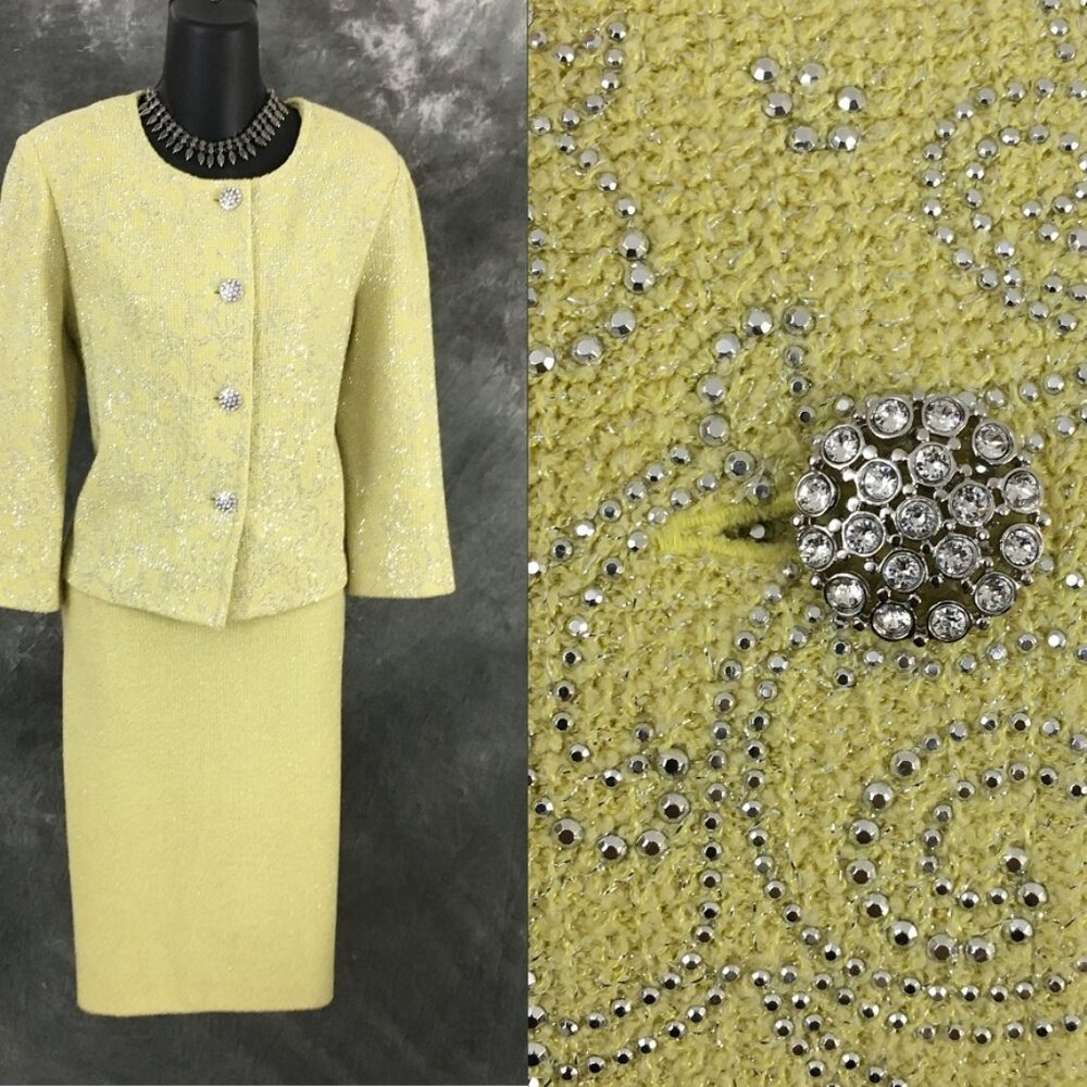BEAUTIFUL St John evening knit yellow green embellished jacket dress suit 10